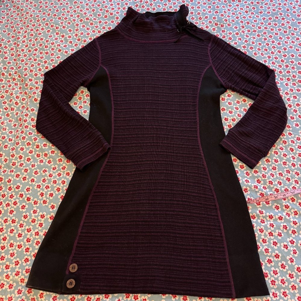Prana Wool Blend Knit Dress with Draped/Drawstring Cowl Neck Wine/Black L EUC